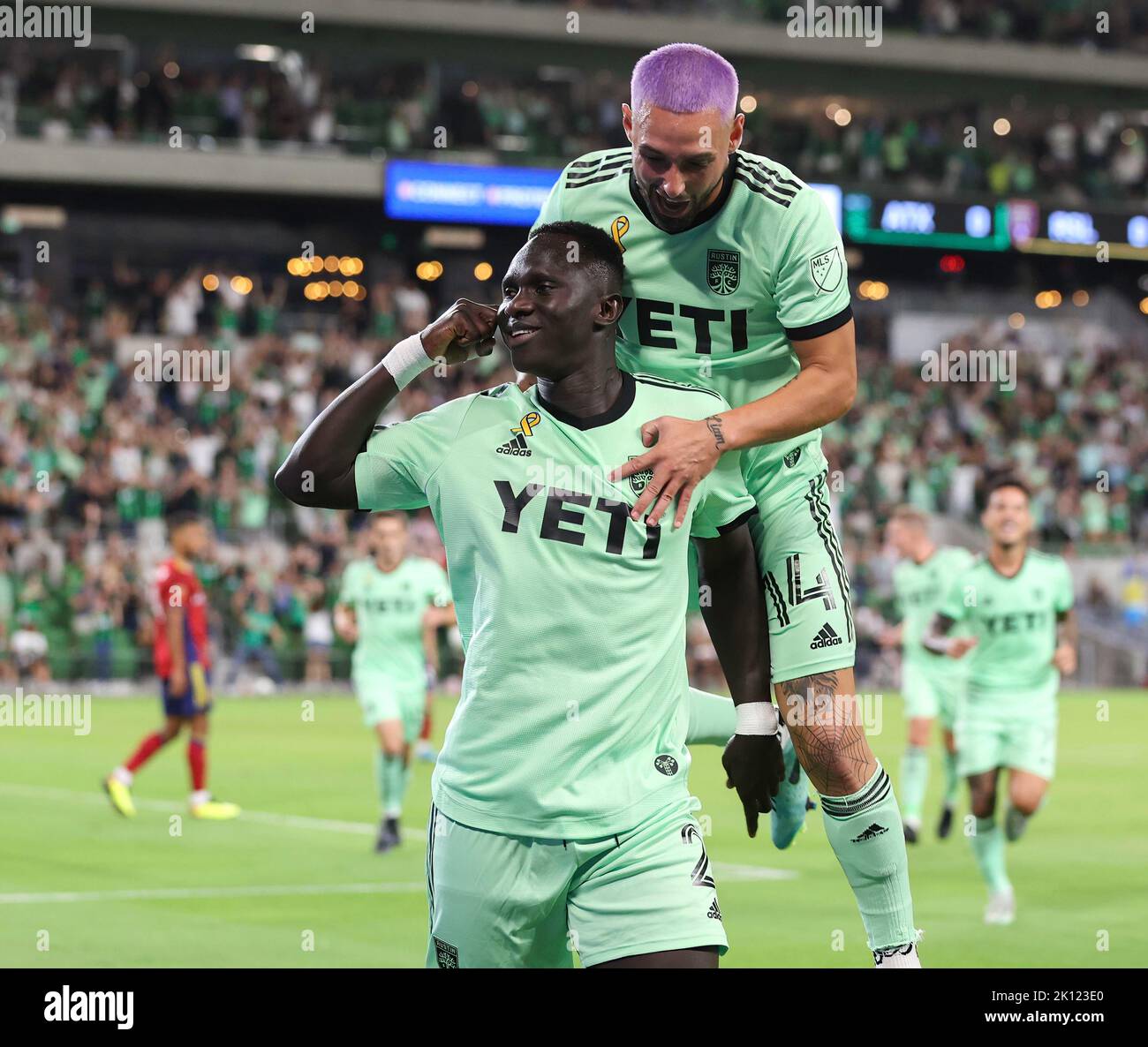 Austin, Texas, USA. September 14, 2022: Austin FC forward Moussa Djitté (2) gestures to the supporters as forward Diego FagÃºndez (14) comes over to celebrate after a goal during a Major League Soccer match against Real Salt Lake on September 14, 2022 in Austin, Texas. Austin FC won 3-0. (Credit Image: © Scott Coleman/ZUMA Press Wire) Credit: ZUMA Press, Inc./Alamy Live News Stock Photo