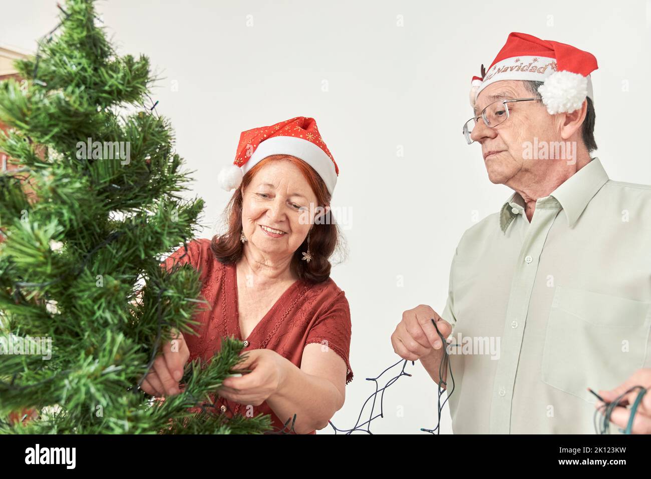Hispanic senior couple starting the process of decorating a Christmas tree, putting a string of led lights on it, wearing red Santa Claus hats, one of Stock Photo