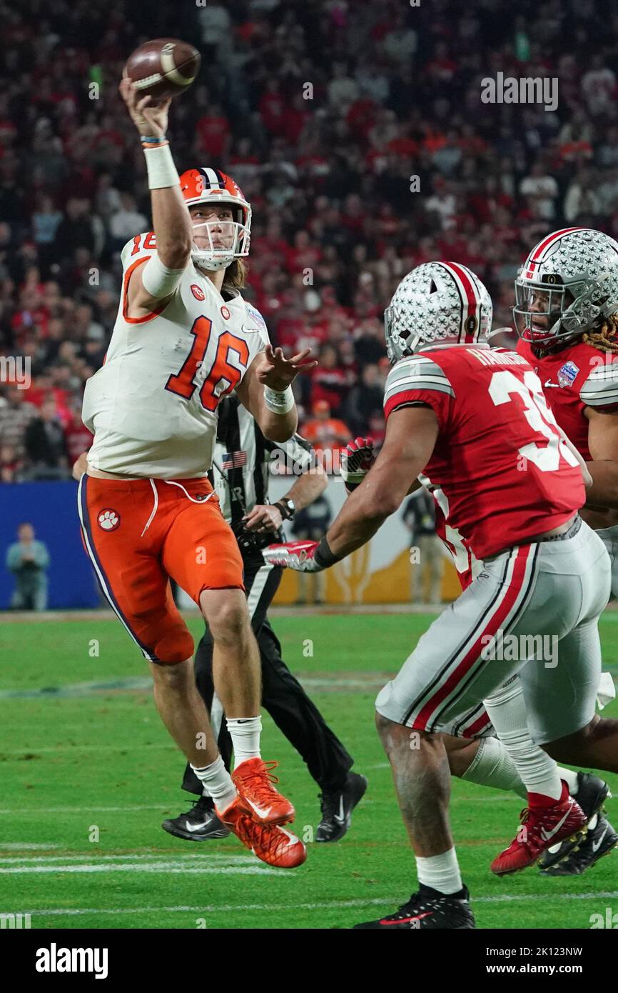 Clemson University quarterback Trevor Lawrence in action during an NCAA football bowl game. Stock Photo