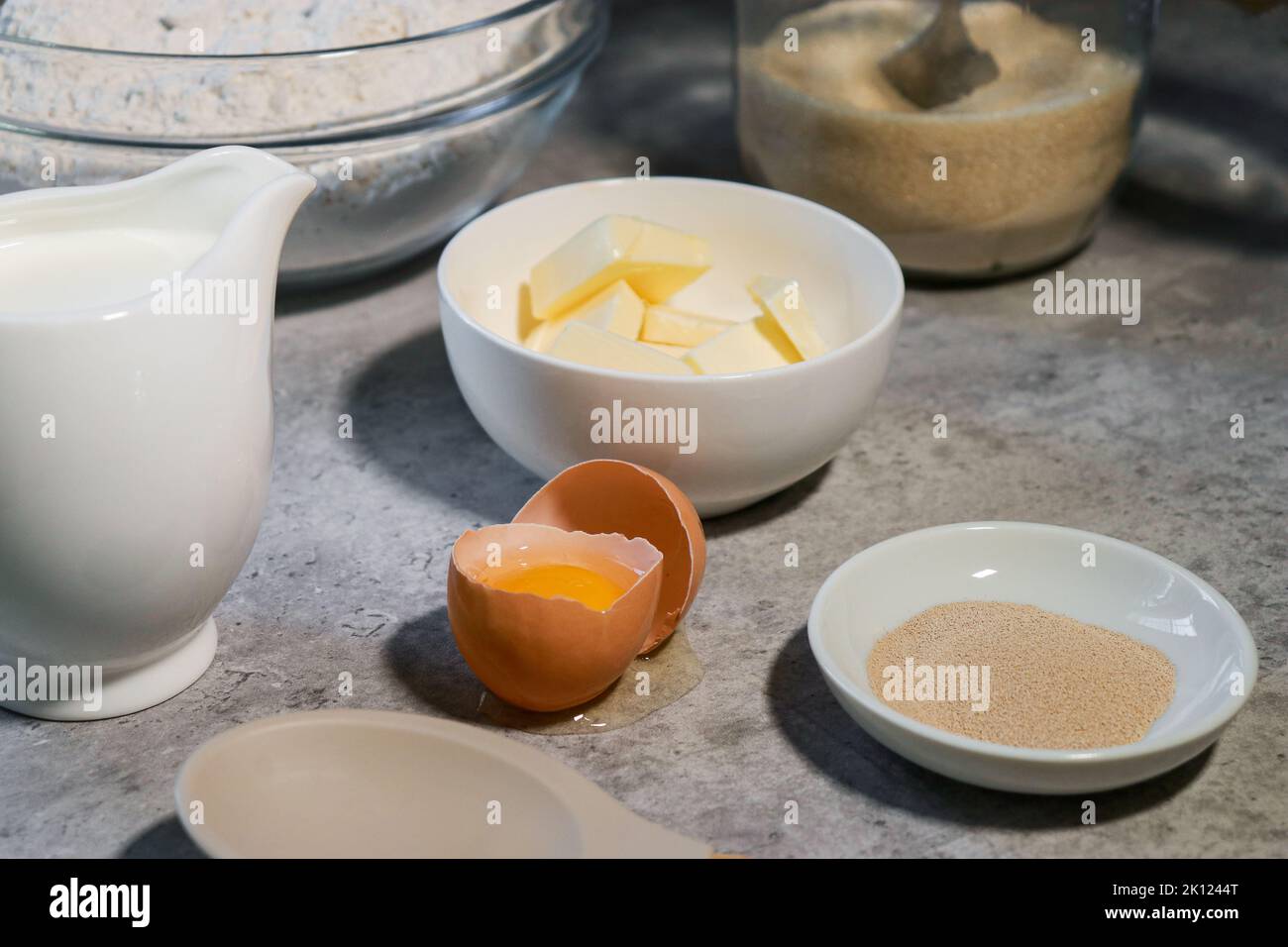 baking ingredients ob grey marble table Stock Photo