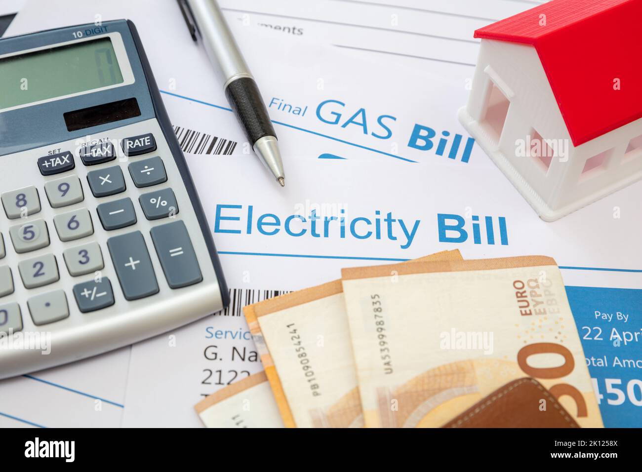 Electricity and gas bills and Euro notes. Domestic heating and energy