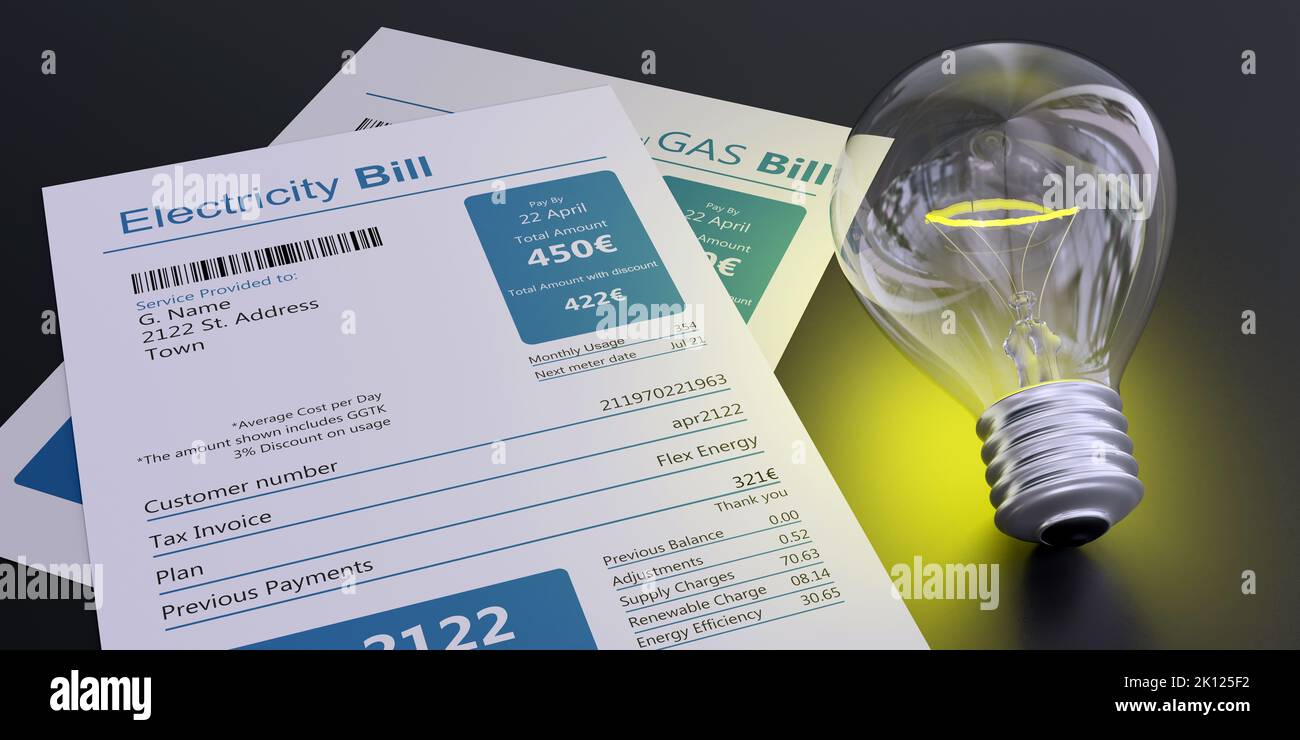 Electricity bill and light bulb. Electric lamp and utilities accounts