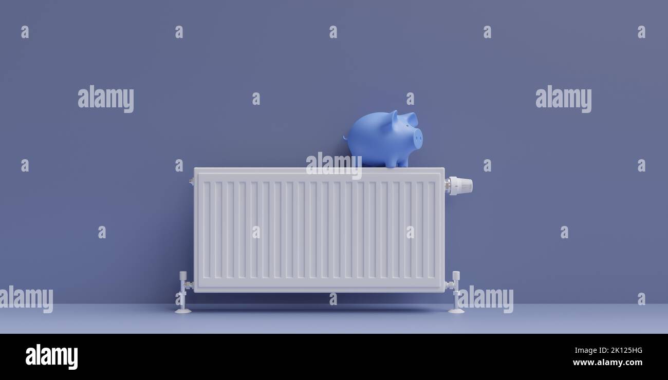 Heating cost saving. Piggy bank on heater radiator, warm house room