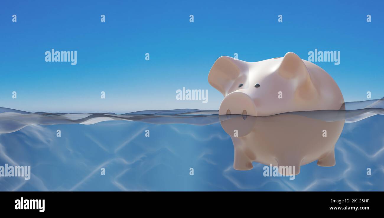 Financial crisis, savings in risk and debt concept. Piggy bank drowning in sea water. 3D render Stock Photo