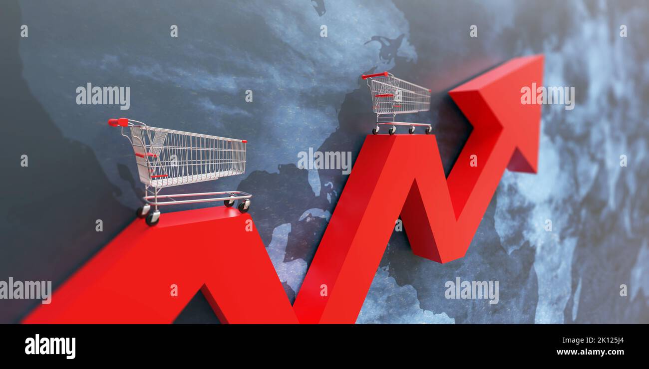 Inflation, groceries price up, food rising cost. Shopping cart and red ...
