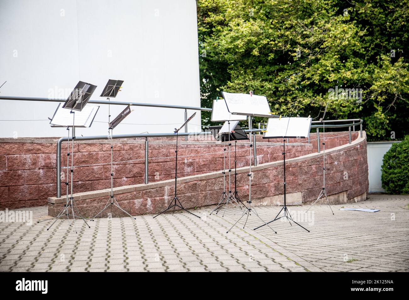 Many music stands for an orchestra in the open air. Stock Photo