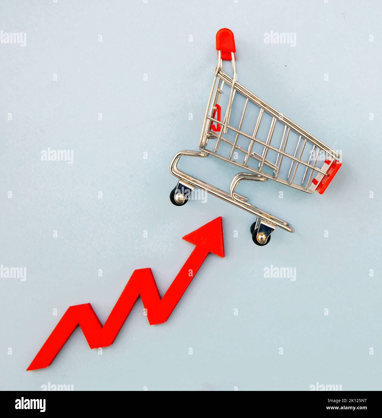 Groceries price up, food rising cost. Shopping cart and red arrow up. Financial crisis and