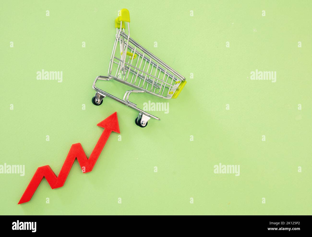 Groceries price up, food rising cost. Shopping cart and red arrow up