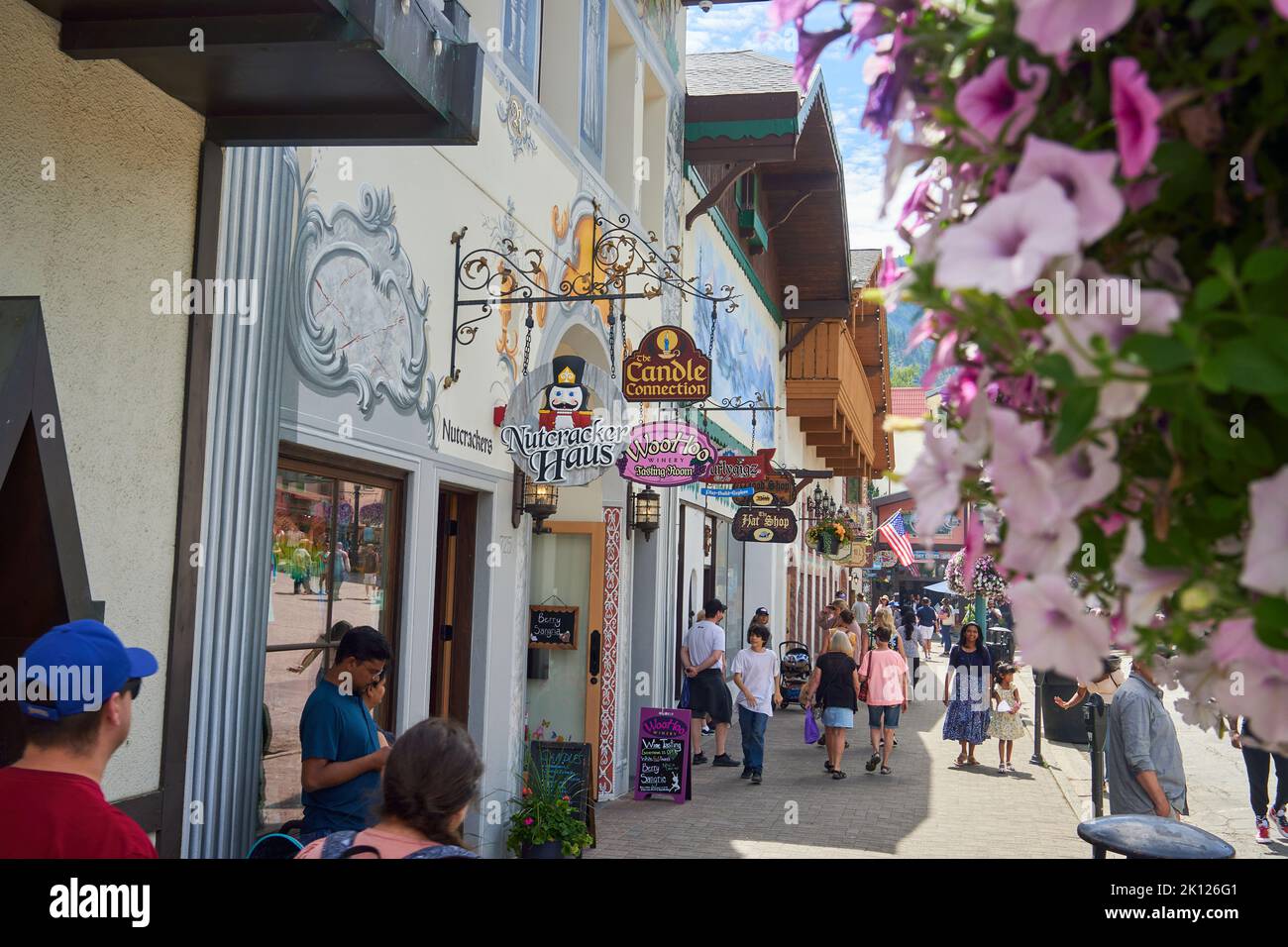 Crowds of people enjoying the shops and colors of Leavenworth, Washington. Stock Photo