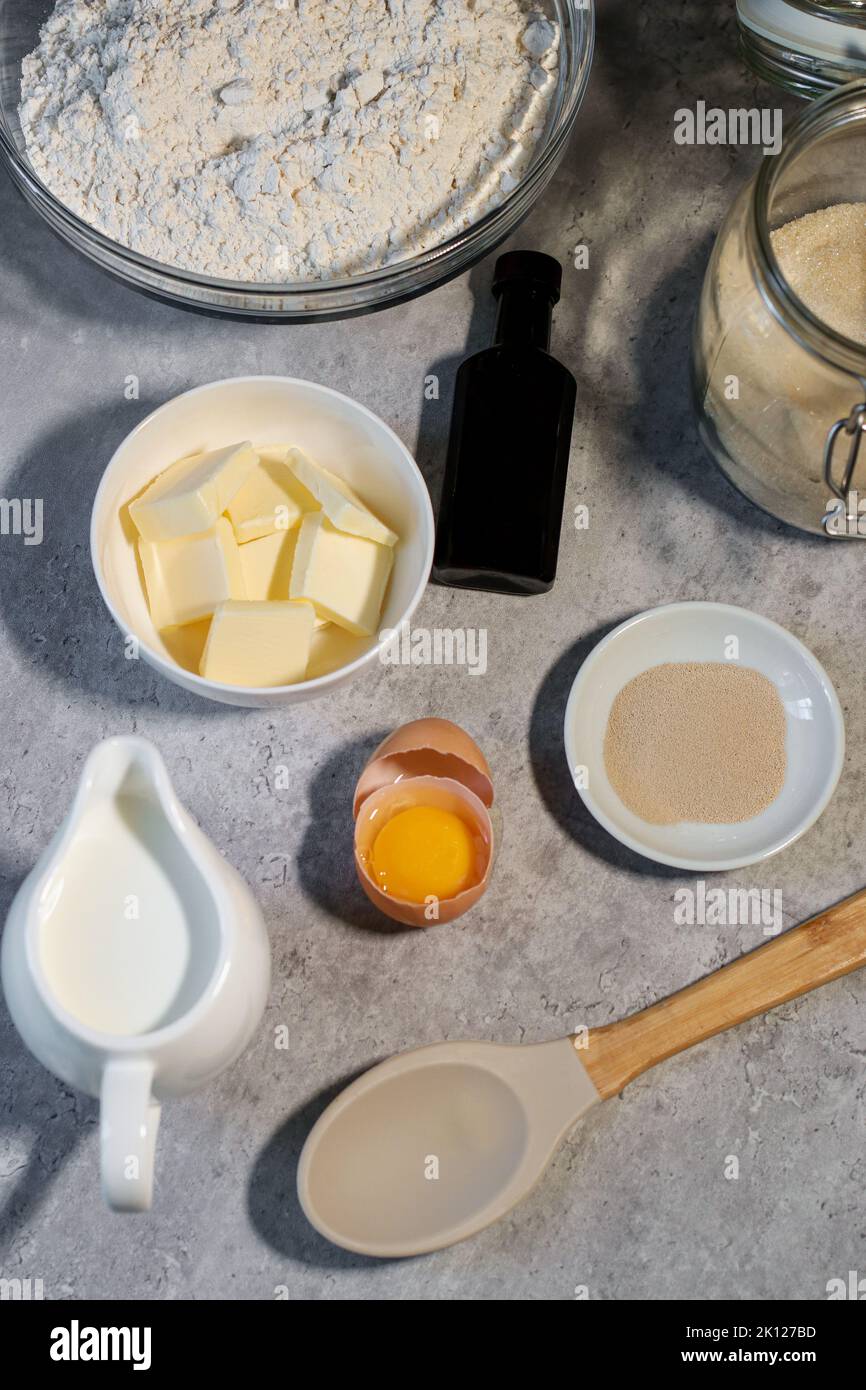 baking ingredients ob grey marble table, top view Stock Photo