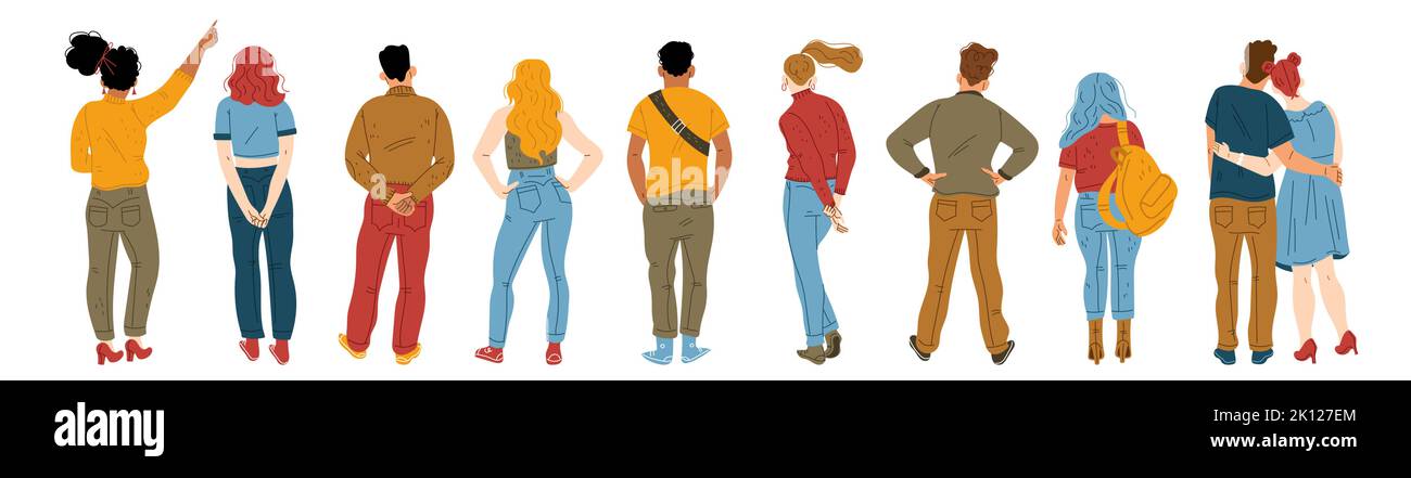 Back view of young people standing in row on white background. Flat male, female characters behind collection. Students in casual clothes, woman pointing finger, man with hands on belt, couple hugging Stock Vector