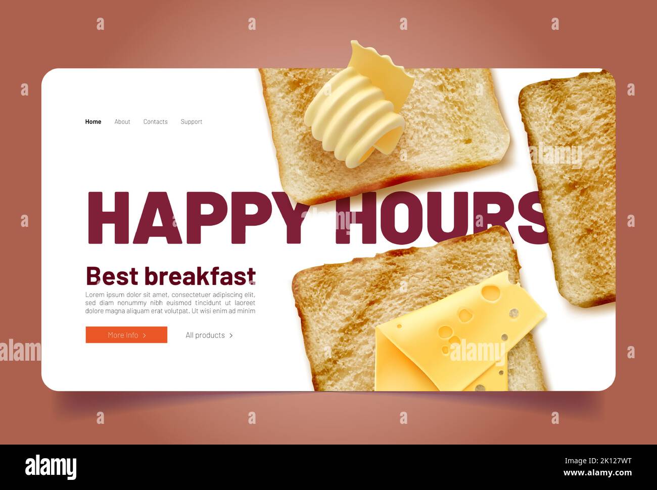 Happy hours for breakfast landing page with bread toast, fresh butter and cheese. Cafe menu
