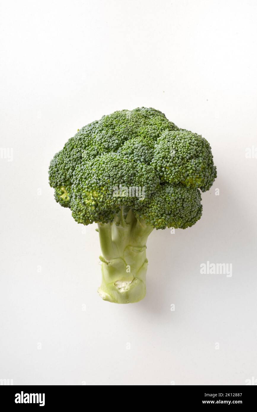 Detail of fresh and healthy brocoli isolated on white table. Vertical composition. Stock Photo