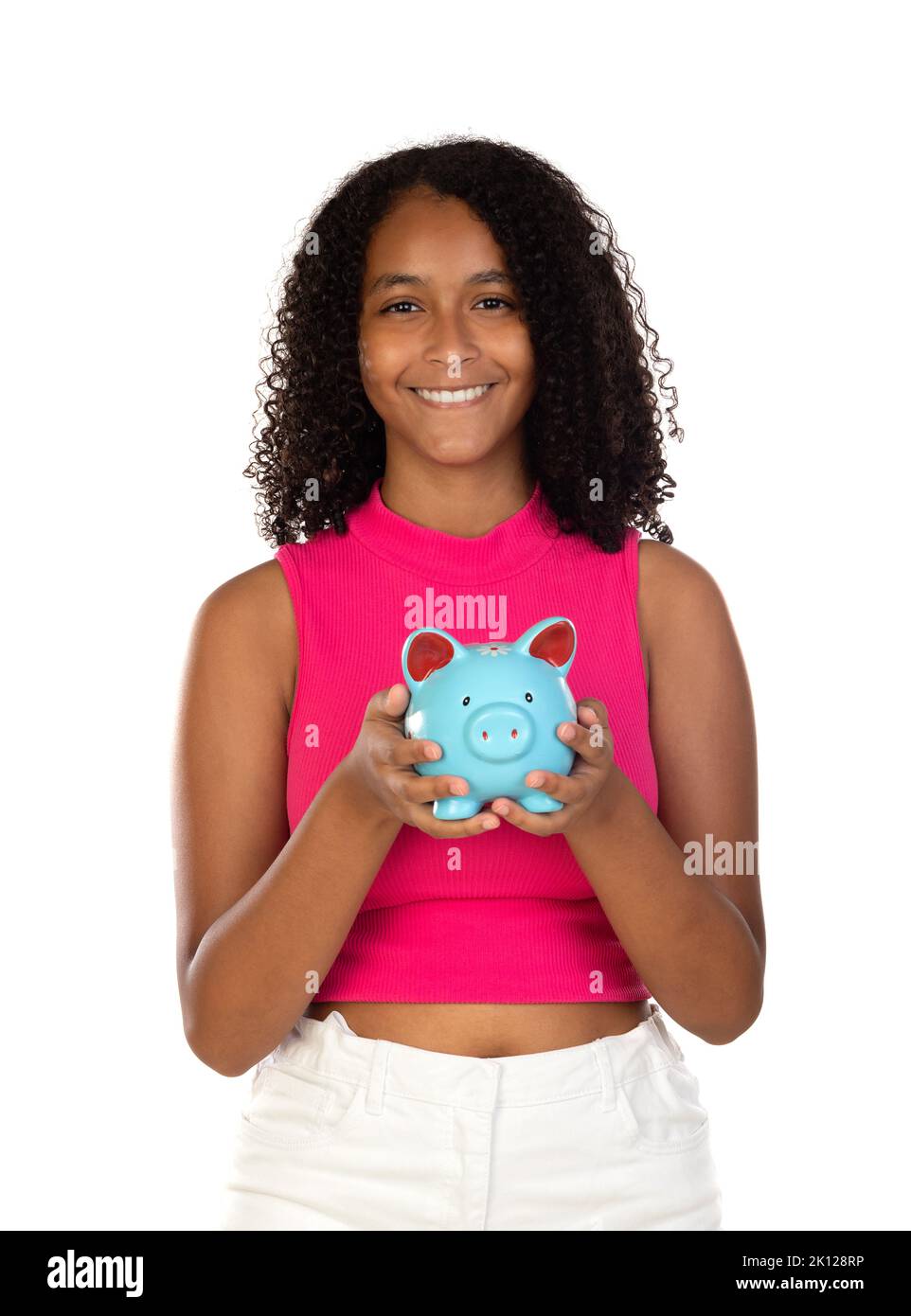 Happy Teenager Girl Holding Piggybank isolated on a white background ...
