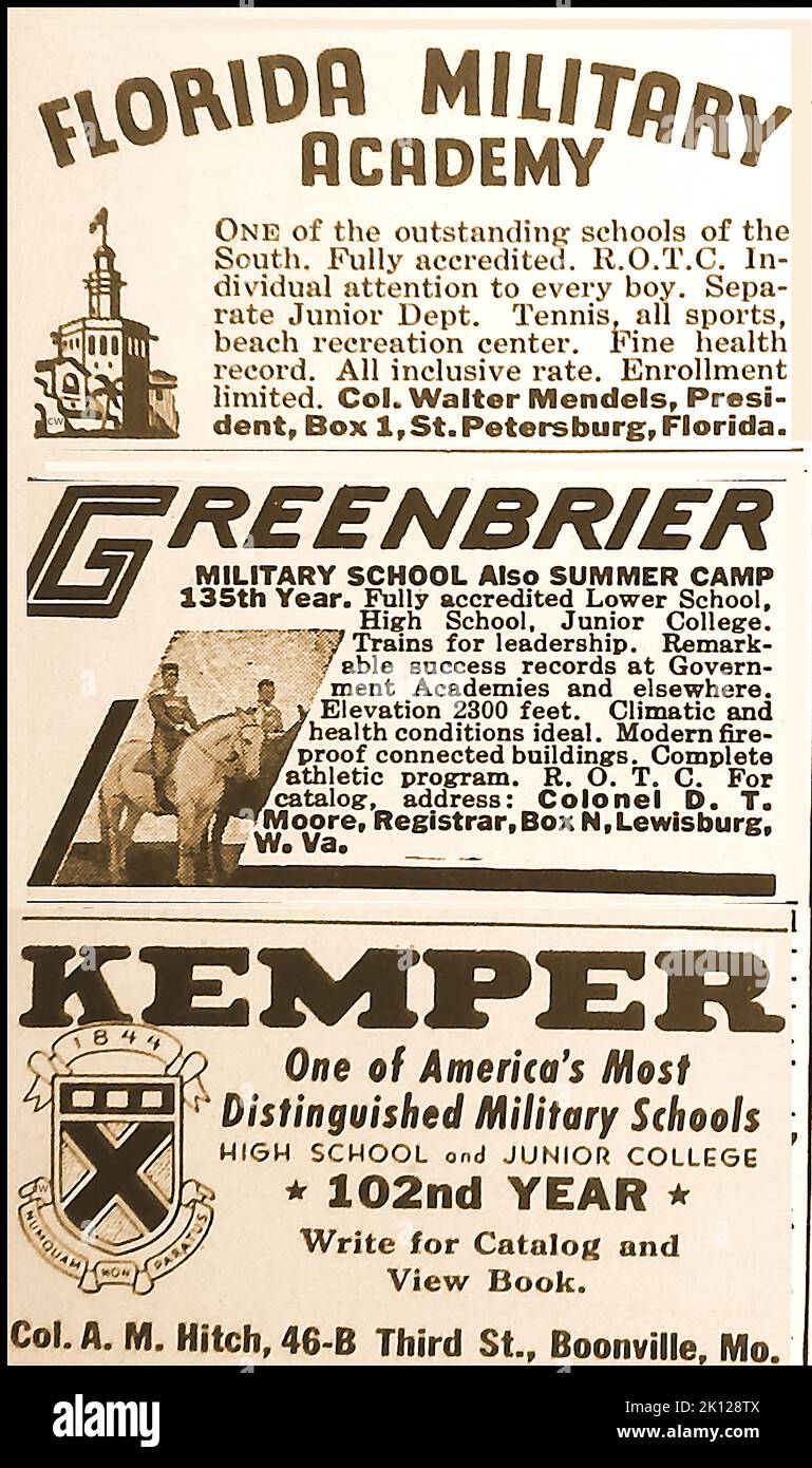 3 1947  post war (WWII) American advertisements for military academies , Florida (Colonel Walter Medels, St Petersburg); Greenbrier (Colonel D T Moore, Lewisburg) and Kemper (Colonel A M Hitch, Boonsville) Stock Photo