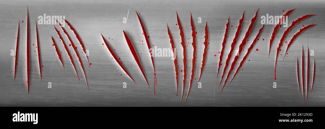 Metal texture with red scratches of wild animal claws. Torn slashes on steel surface, scary talons marks with blood inside and bloody drops, vector realistic illustration Stock Vector