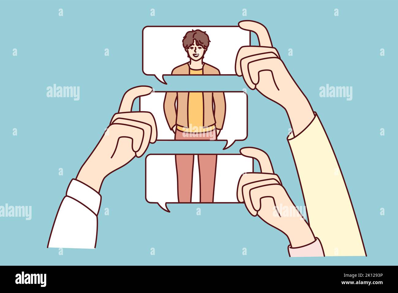 People hands holding message bubbles make comments about person looks. Anonymous commentary judgements and sharing negative opinions online. Vector illustration.  Stock Vector