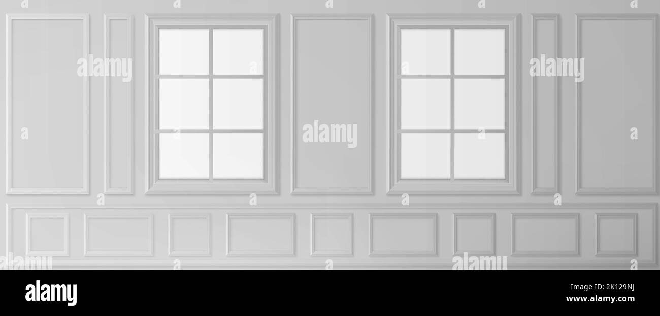 White wall with windows in luxury victorian style, empty vintage room