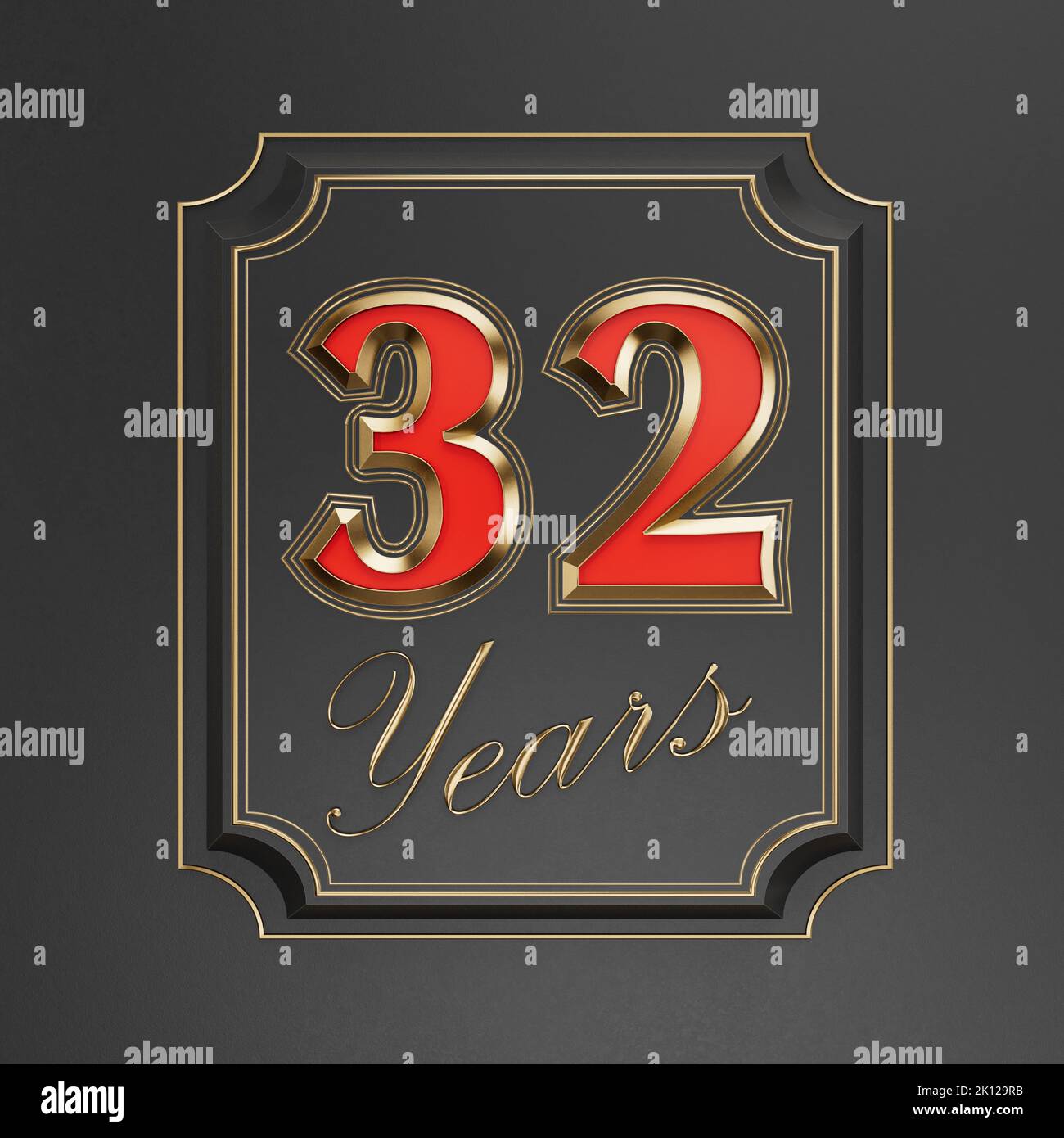 Red inscription  thirty-two years (32 years) with gold edges on a dark background with gold edging. Anniversary number template elements for your birt Stock Photo