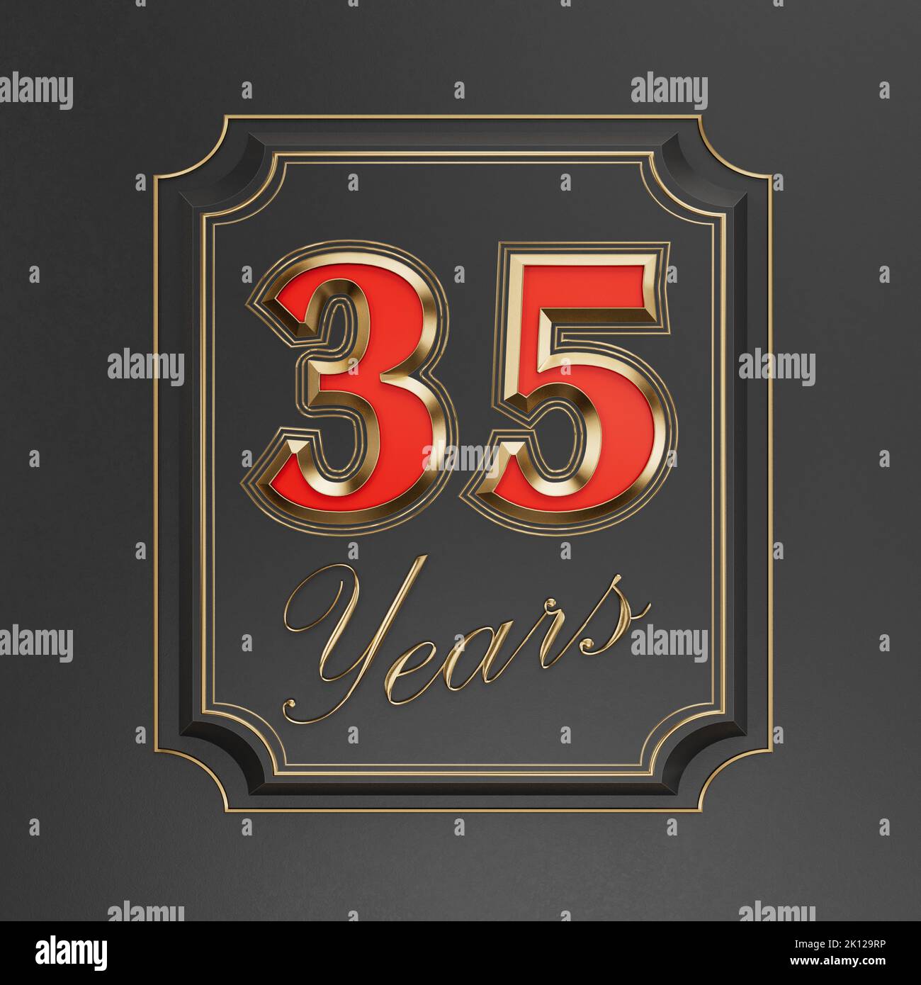 Red inscription thirty-five years (35 years) with gold edges on a dark