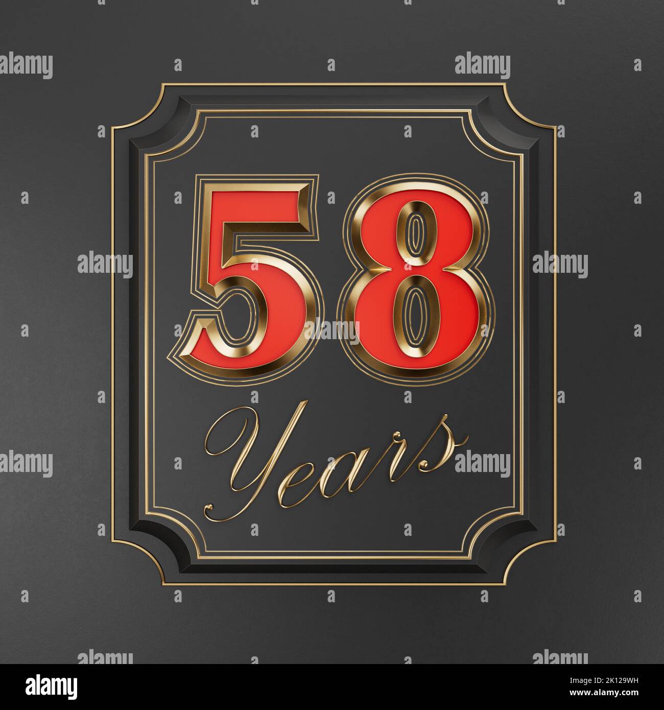 Red inscription fifty-eight years (58 years) with gold edges on a dark