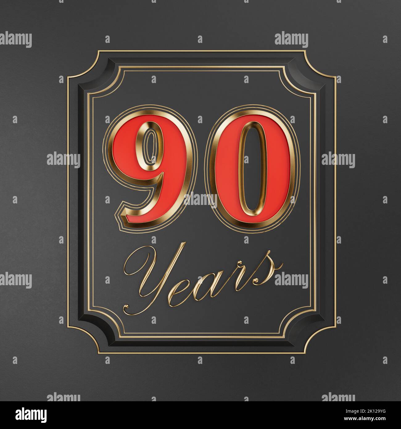 Red inscription ninety years (90 years) with gold edges on a dark ...