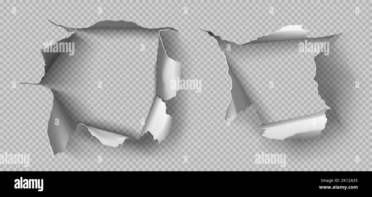 Metal rip holes with curly edges, ragged cracks, cut damage on steel sheet. Torn slash, gun aperture frames or borders isolated on transparent background, Realistic 3d vector illustration, clip art Stock Vector
