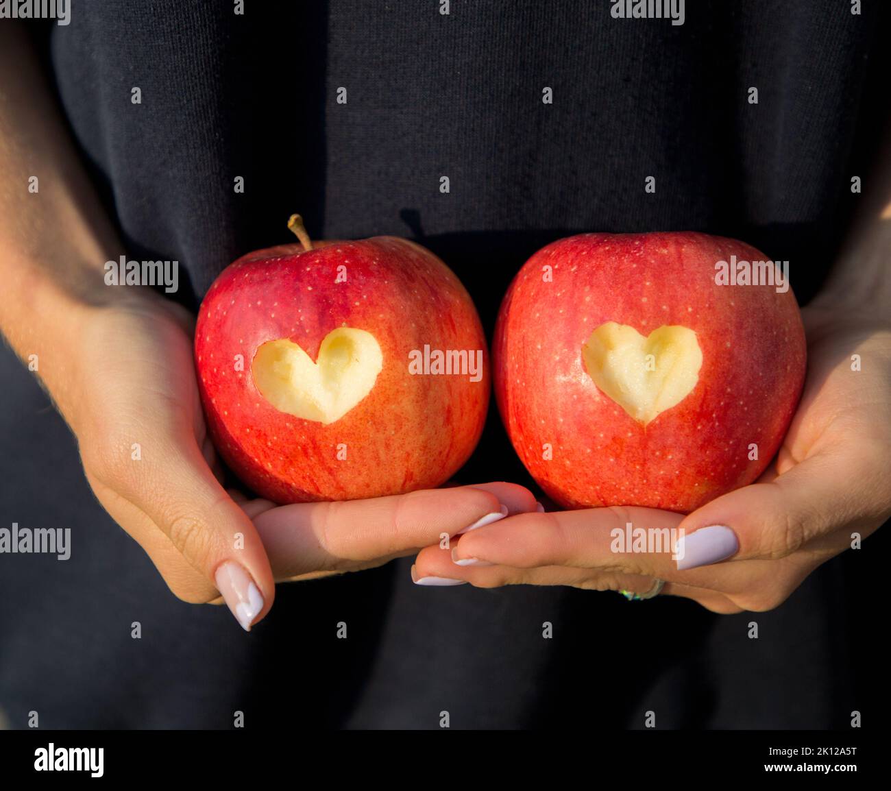 female hands hold two large red apples with hearts cut out on them on dark background. Delicious harvest, healthy diet food, vitamins, organic apples. Stock Photo