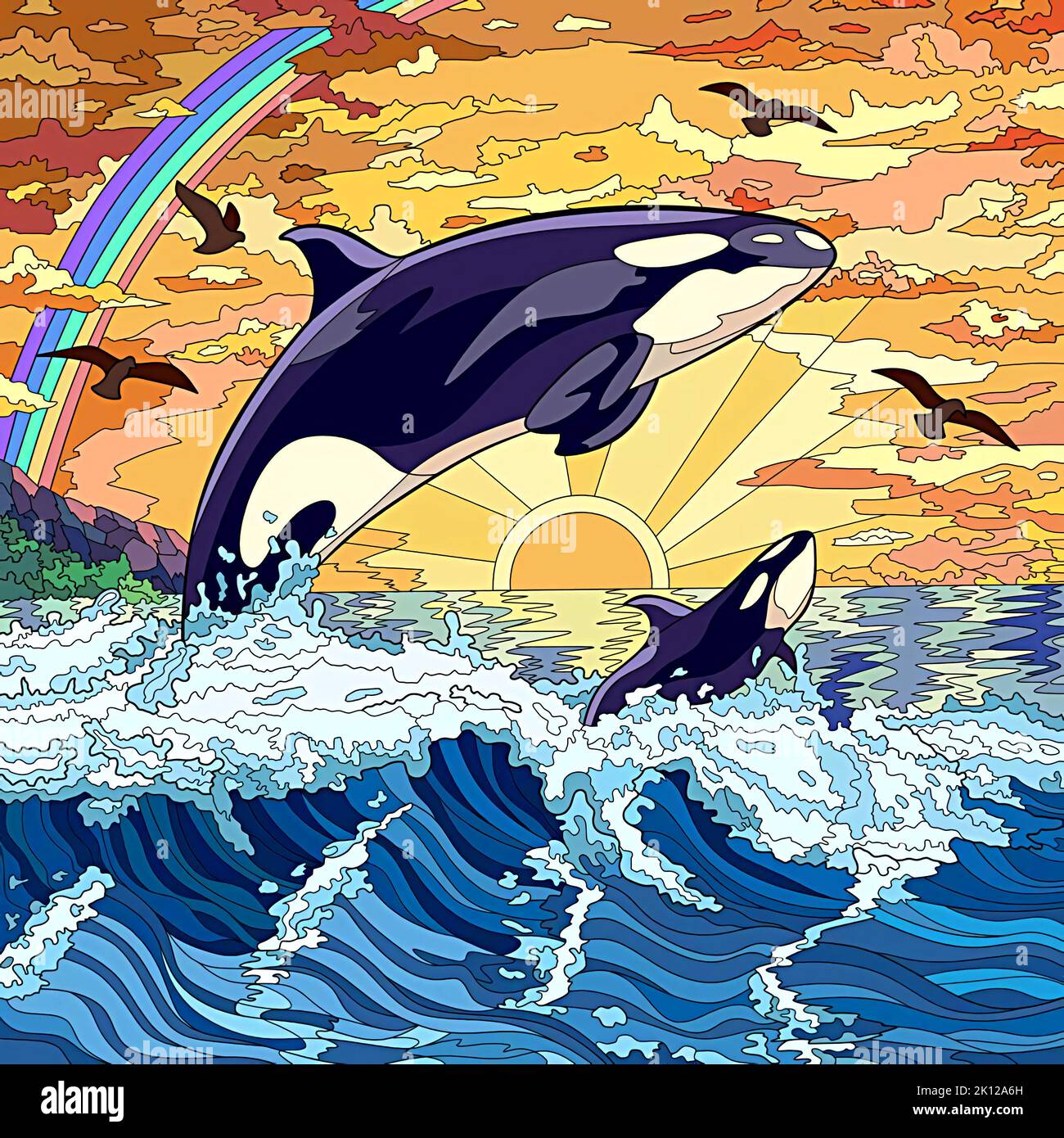Happy Jumping Dolphins Sunset Sea Stock Illustration 352889417 |  Shutterstock