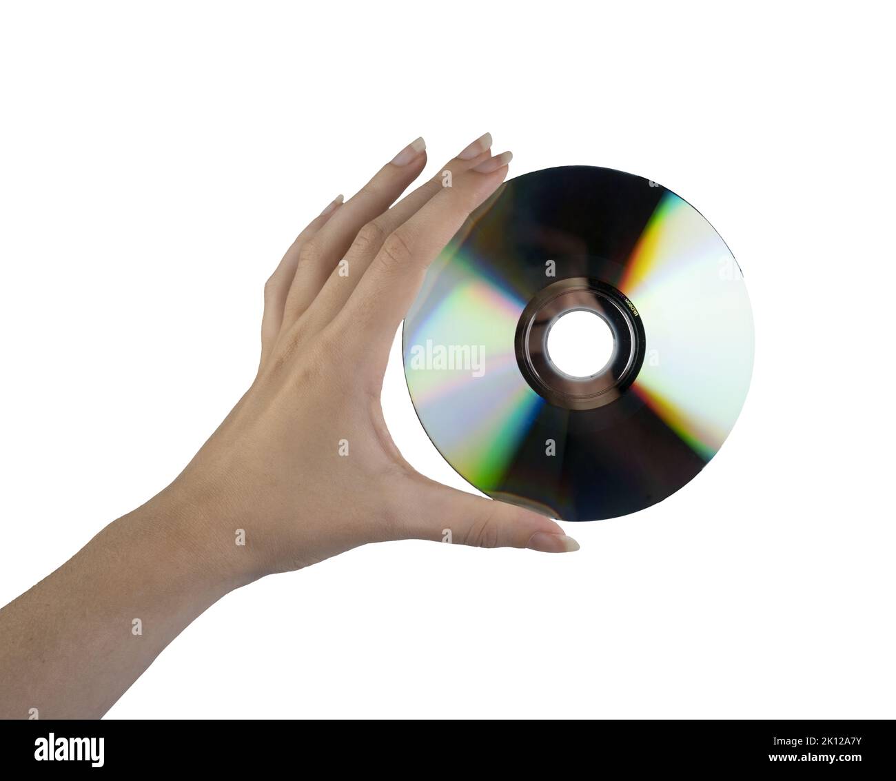 a compact disk in the female hand on a white background Stock Photo