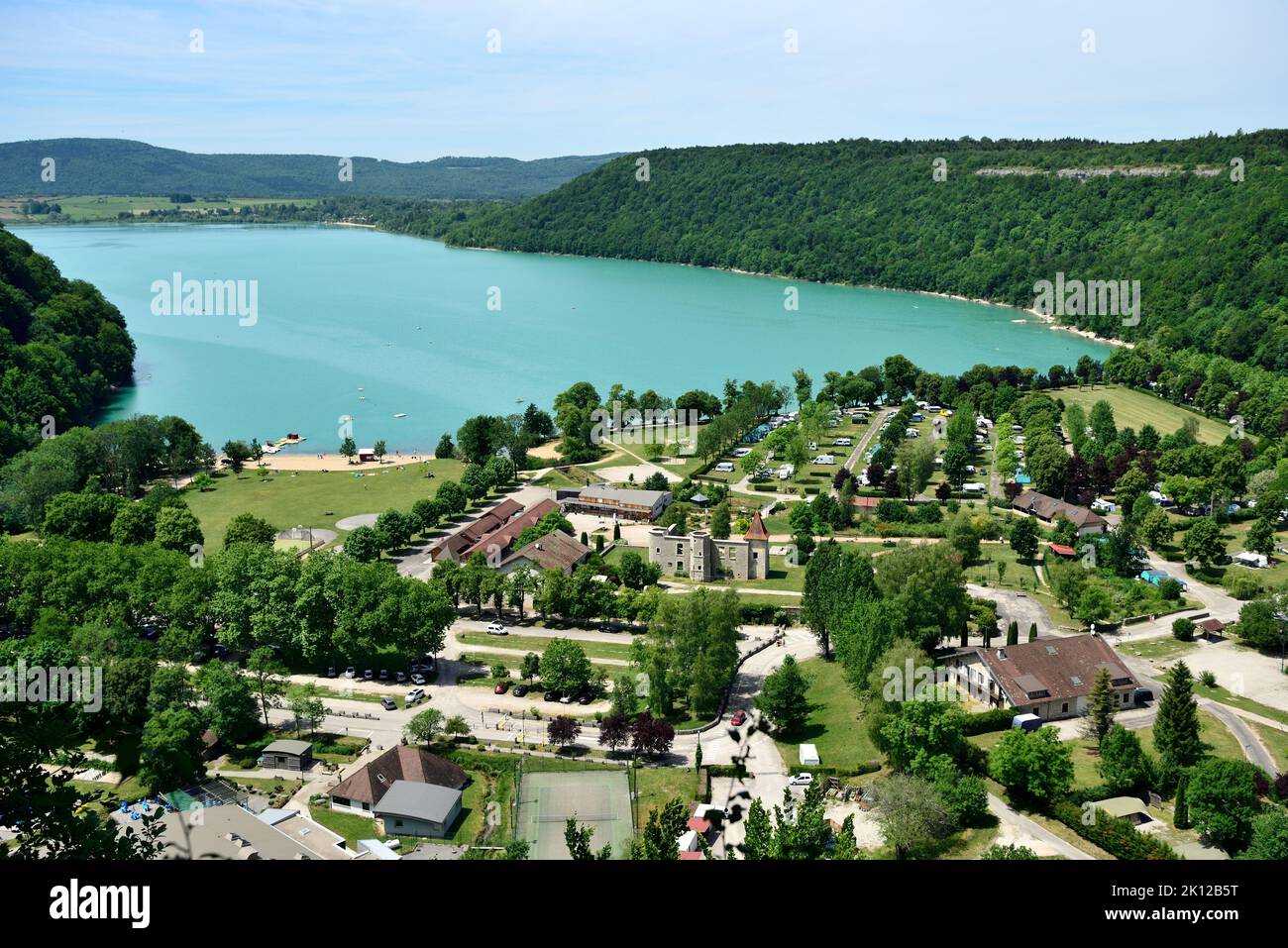 Lac de Chalain, lake, castel, Chateau de Chalain, camping, beach, Fontenue commune, Jura department, Bourgogne-Franche-Comté region, Jura, France Stock Photo