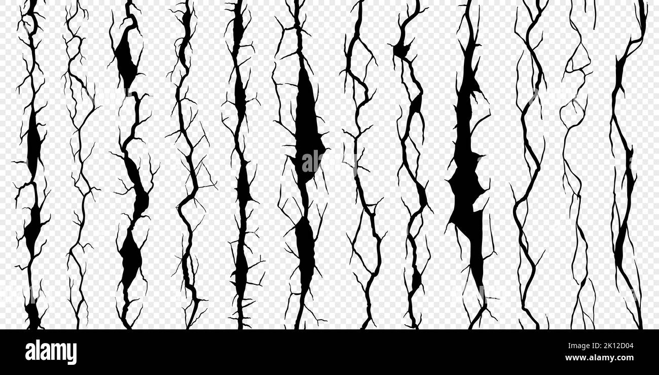 Seamless broken wall crack, cleft and crackles on transparent background. Vector texture of damaged concrete wall surface with realistic cracks, splits and fracture lines, fissures, holes and clefts Stock Vector