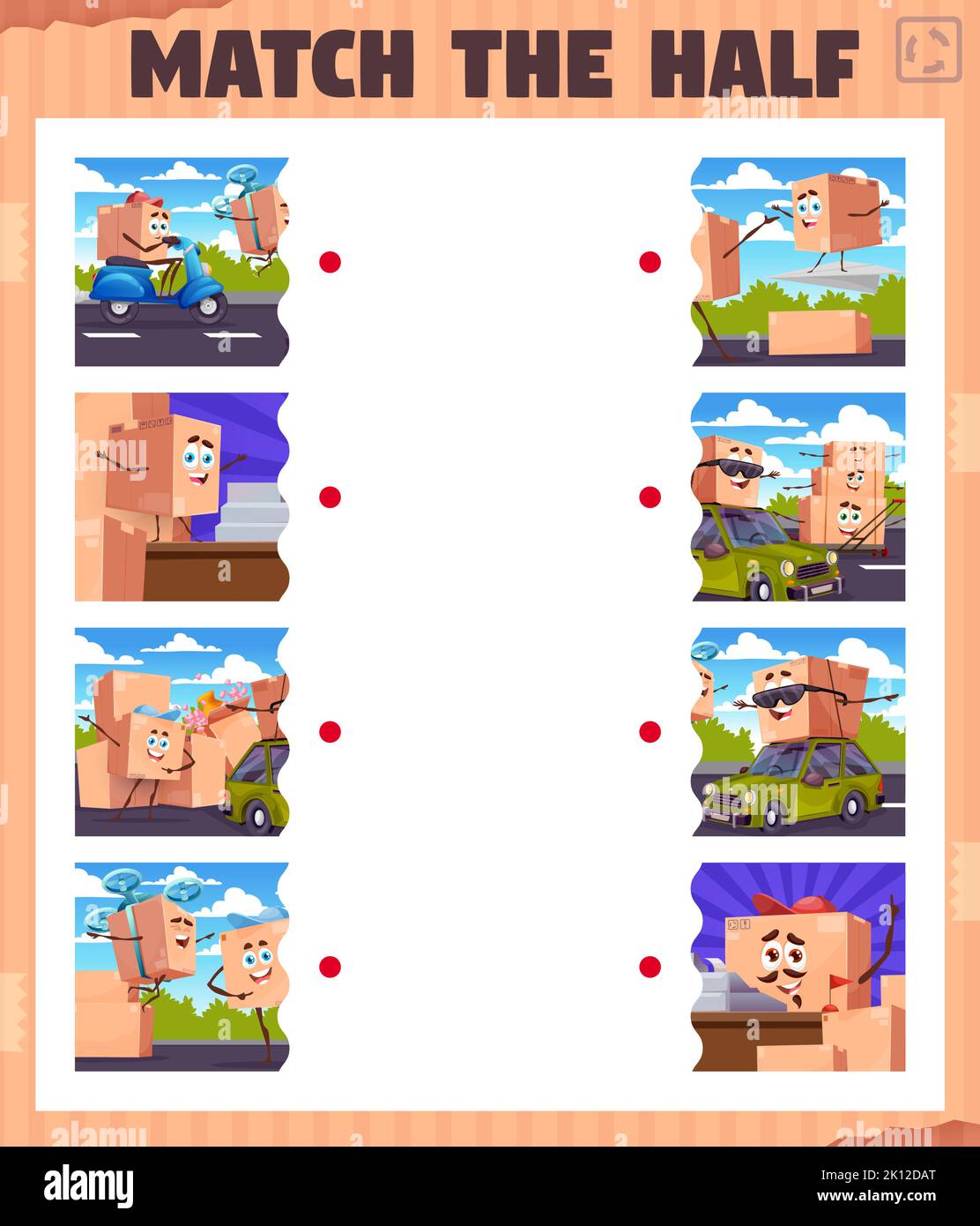 Match the half game worksheet. Cartoon package box characters. Part