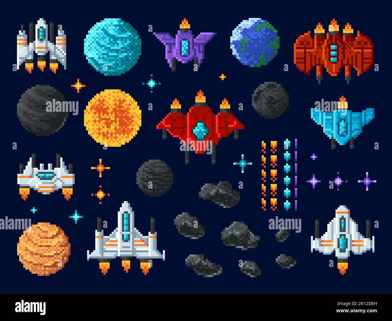 Arcade shooter 8 bit pixel art game, space invaders, alien UFO rockets, vector icons. Galaxy shooter arcade game and pixel 8bit assets of spaceships and stars, space planets and cosmic asteroids Stock Vector
