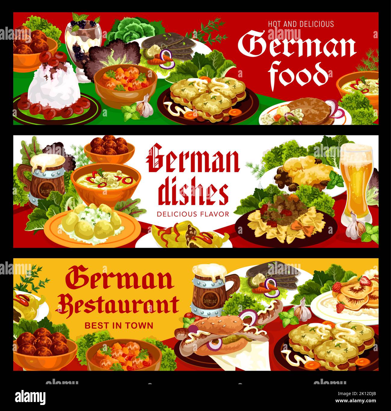 German food cuisine dishes and restaurant meals, vector lunch and 