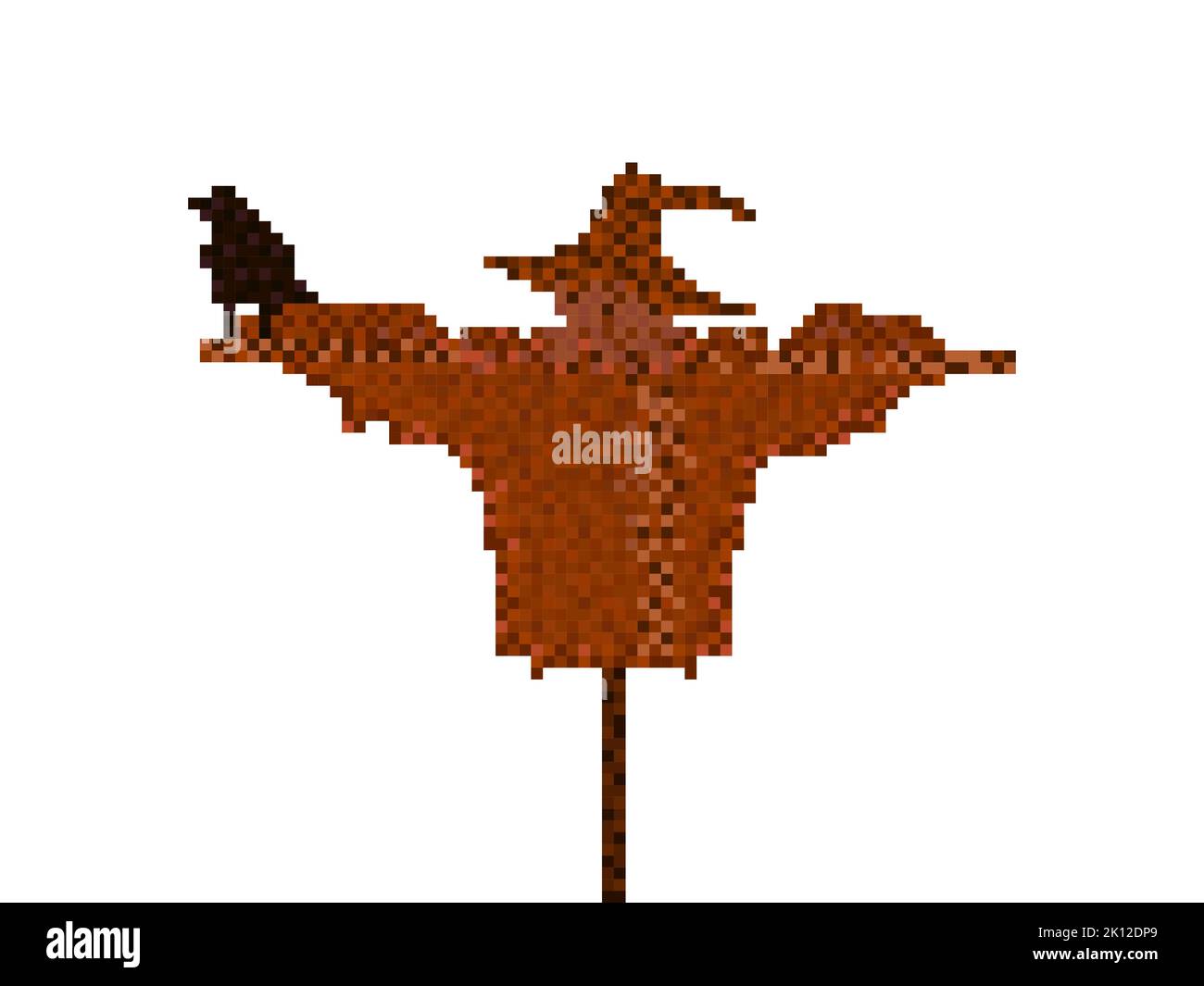 Scarecrow with crow in pixel art style isolated on white background. Halloween scarecrow in 8-bit 90s video game style in 2D.  Design for applications Stock Vector