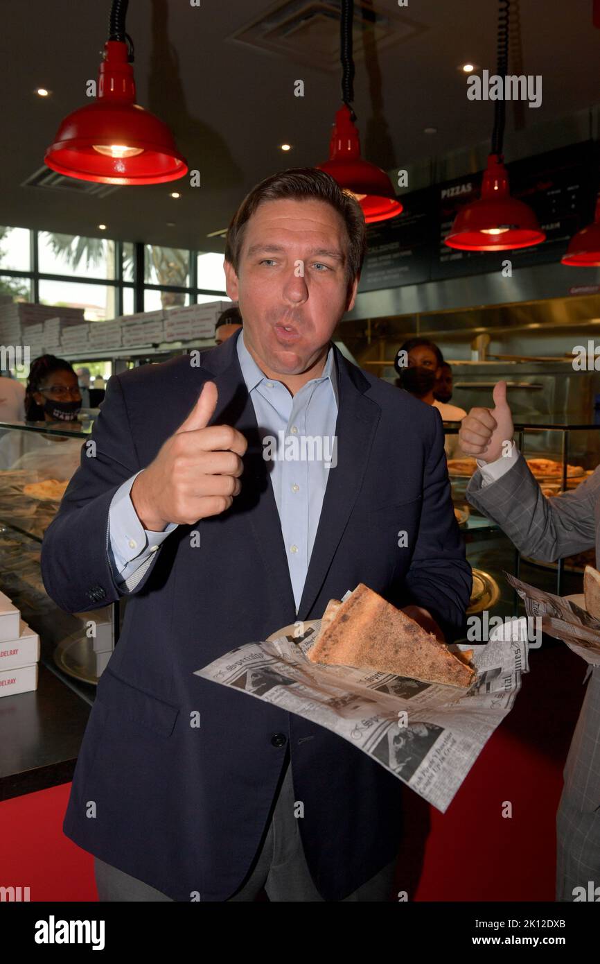 DELRAY BEACH, FL - APRIL 24: Florida Governor Ron DeSantis attends the grand opening and ribbon cutting ceremony for Delray Beach Market (www.delraybeachmarket.com) which was conceptualized and developed by Menin (www.Menin.com). Delray Beach Market is the largest food hall to ever be constructed in the state of Florida and one of the largest food hall and lifestyle experiences to ever be constructed in America. Delray Beach Market is a four story, 150,000 square foot facility  where food meets art hall meets community center in a $60 million dollar project, housing over 25 unique restaurants Stock Photo