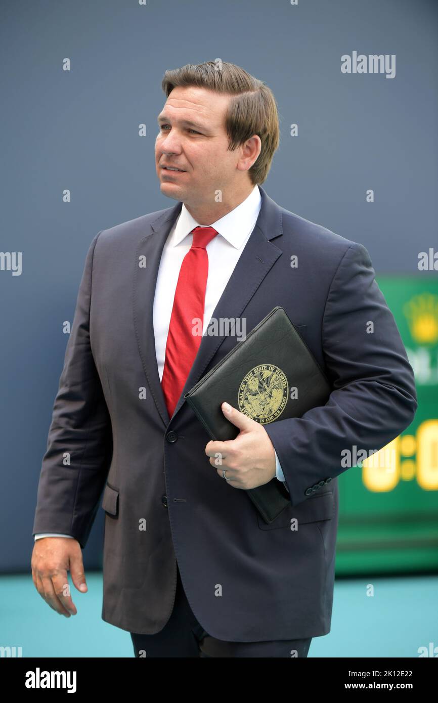 MIAMI GARDENS, FLORIDA - MARCH 27:   Governor of Florida Ron DeSantis with Miami Dolphins owner Stephen M. Ross during day ten at the Miami Open tennis on March 27, 2019 in Miami Gardens, Florida.   People: Ron DeSantis Stock Photo