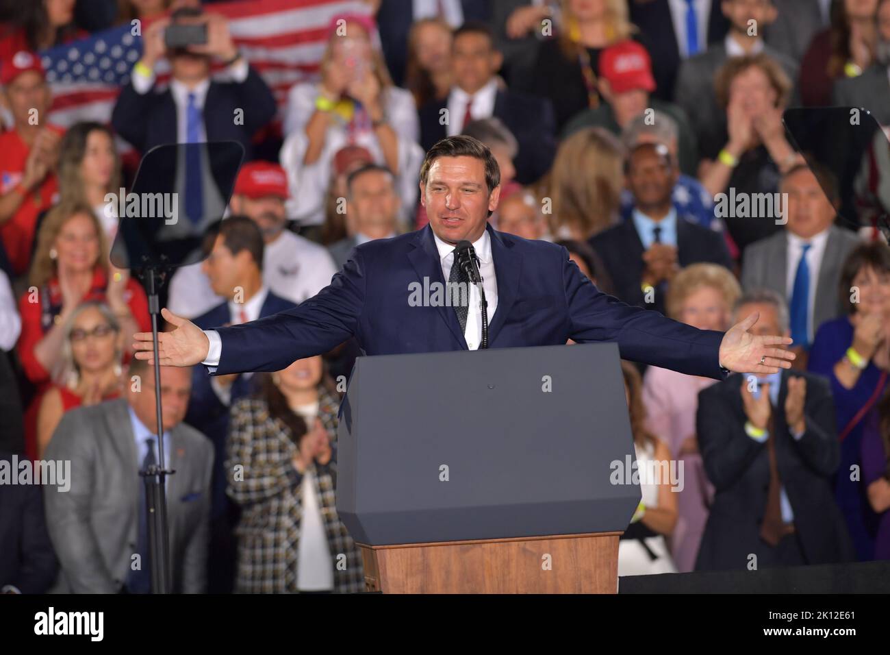 MIAMI, FLORIDA - FEBRUARY 18: Gov. Ron DeSantis along with President Donald Trump and First Lady Melania Trump attend a rally at Florida International University on February 18, 2019 in Miami, Florida. President Trump spoke about the ongoing crisis in Venezuela.  People: Gov. Ron DeSantis Stock Photo