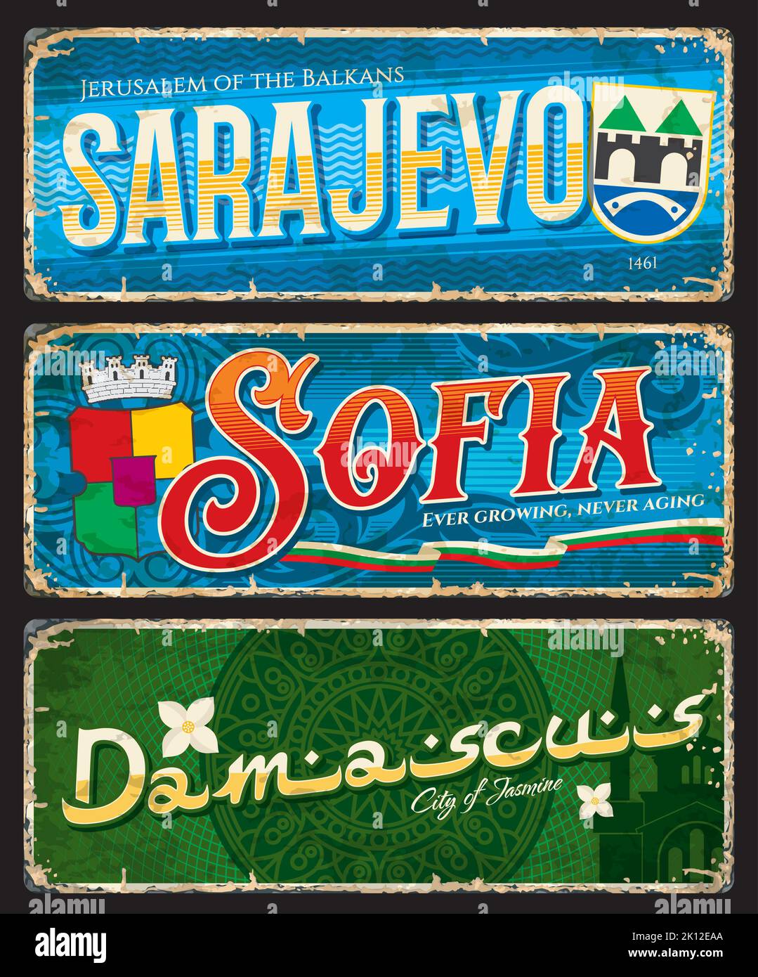 Sarajevo, Sofia, Damascus city plates and travel stickers, vector tin signs. Bosnia and Herzegovina, Bulgaria and Syria capital cities tourism banners, destination luggage tags, travel baggage labels Stock Vector