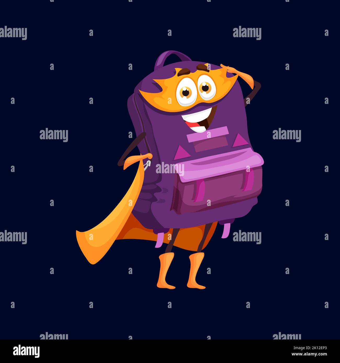 Cartoon school bag superhero character. Funny vector backpack with cute smiling face wear orange cloak and mask. Student supply, rucksack, knapsack accessory superhero personage ready for feat Stock Vector