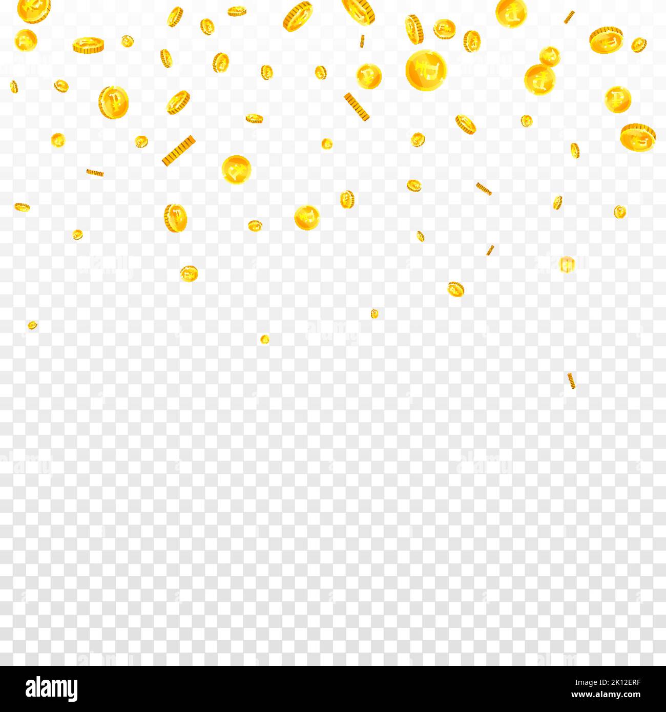 Russian ruble coins falling. Scattered gold RUB coins. Russia money ...