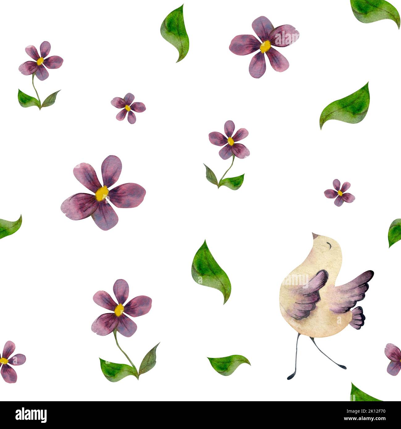 Watercolor hand drawn seamless pattern with green leaves, flowers and ...