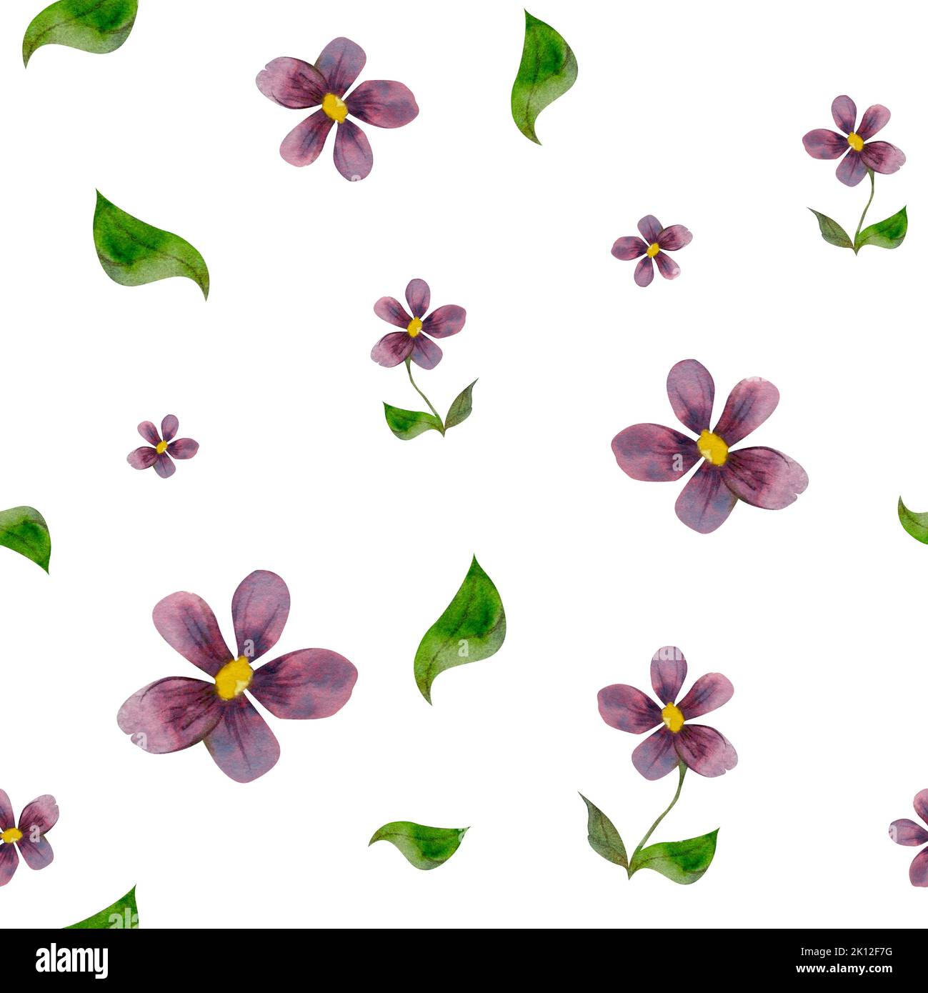 Watercolor hand drawn seamless pattern with green plants, flowers and ...