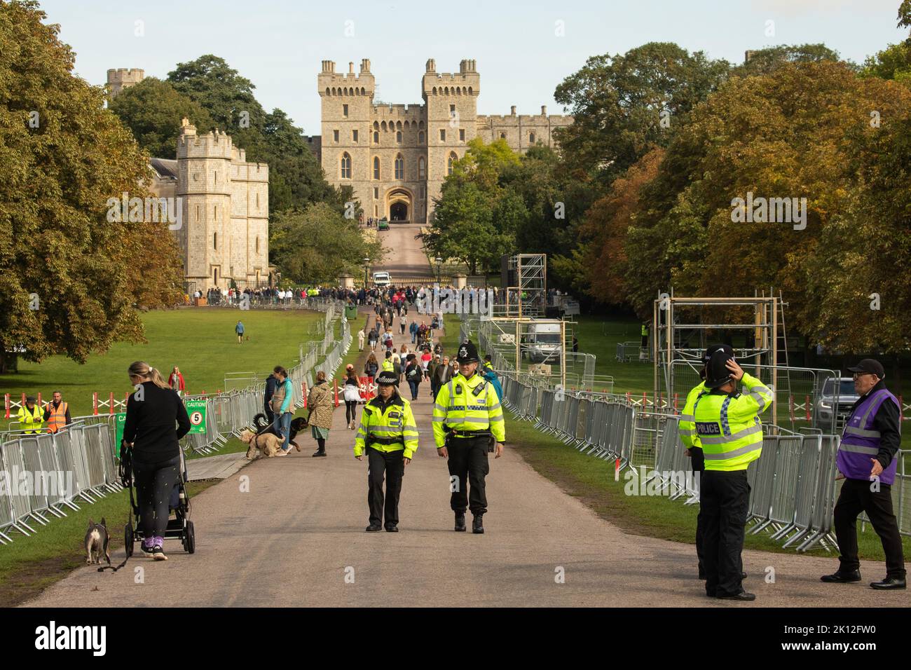 Windsor, UK. 14th September, 2022. Thames Valley Police officers patrol on the Long Walk in Windsor Great Park amid preparations for the funeral and committal of Queen Elizabeth II. Queen Elizabeth II, the UK's longest-serving monarch, died at Balmoral aged 96 on 8th September after a reign lasting 70 years and will be buried in the King George VI memorial chapel in Windsor following a state funeral in Westminster Abbey on 19th September. Credit: Mark Kerrison/Alamy Live News Stock Photo