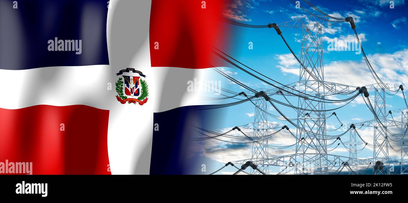 Dominican Republic country flag and electricity pylons 3D