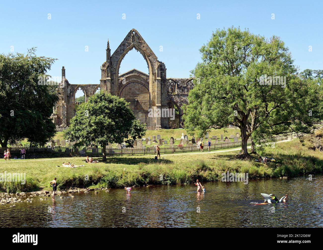 Bolton Abbey in Wharfedale, North Yorkshire, England, is named after the ruins of a 12th-century Augustinian monastery now known as Bolton Priory. Stock Photo