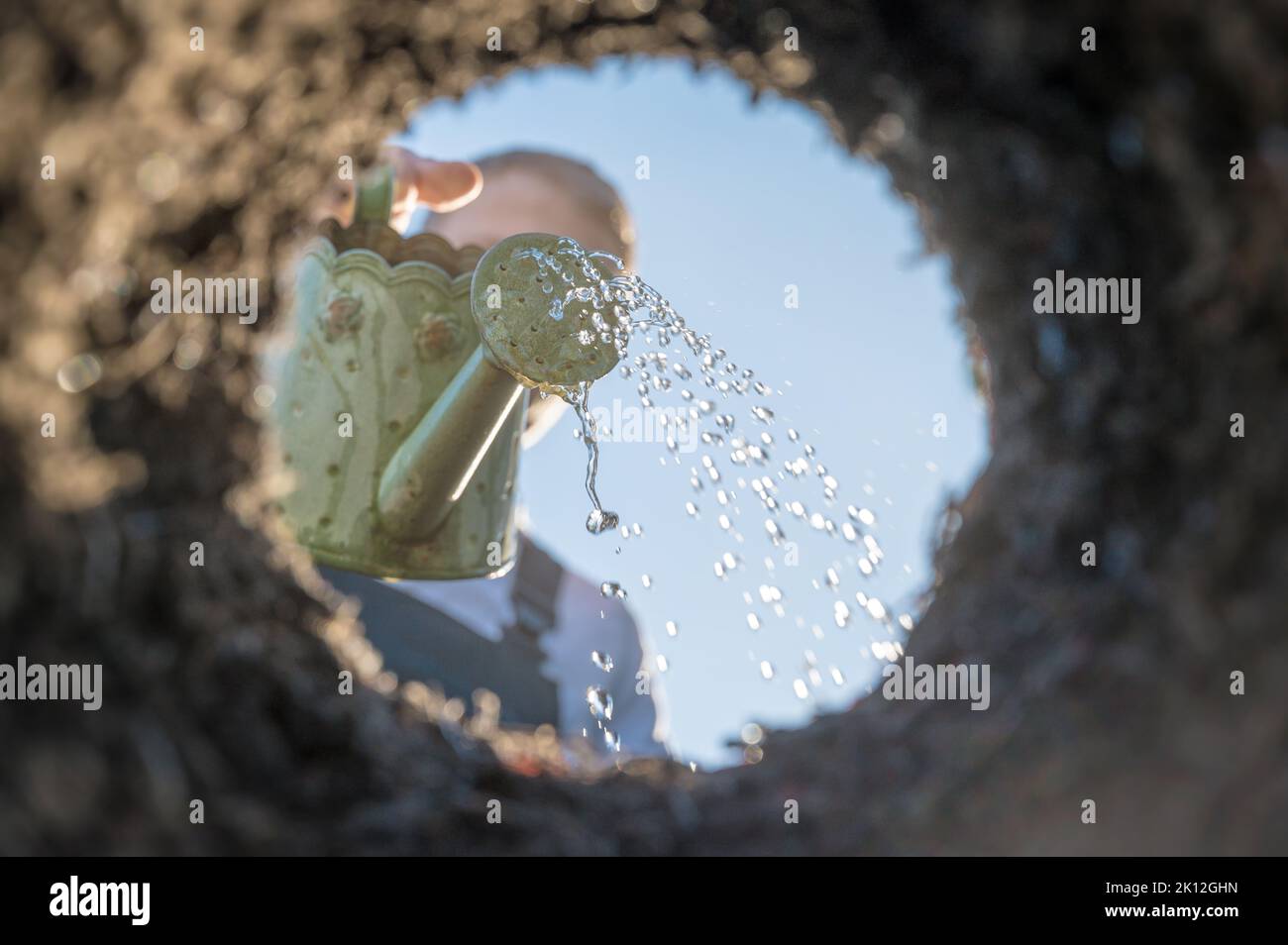 Man moistens a hole in the ground in preparation for planting young plants in spring Stock Photo