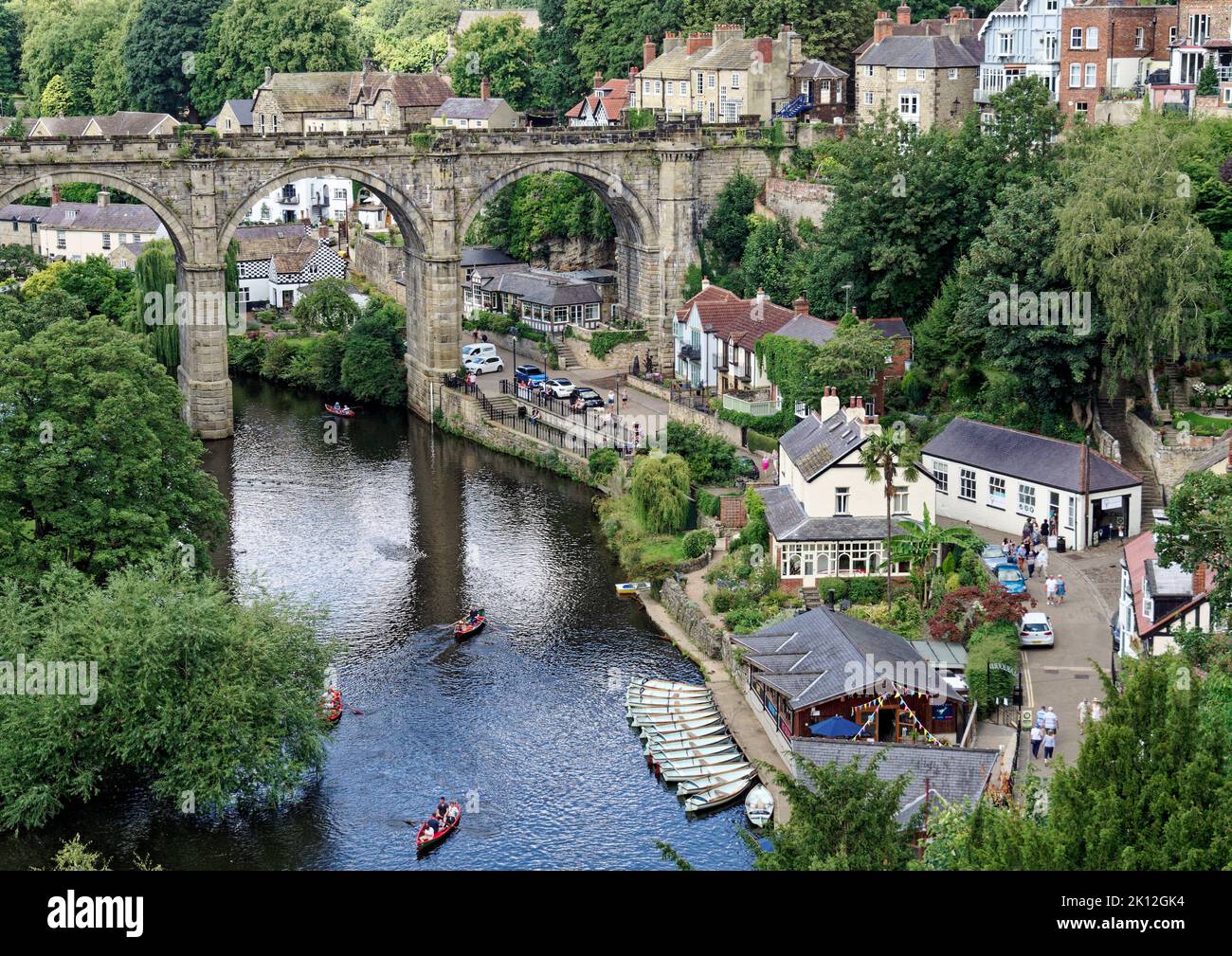 Knaresborough, North Yorkshire - View of the River Nidd and the iconic railway viaduct from the castle ramparts. Stock Photo