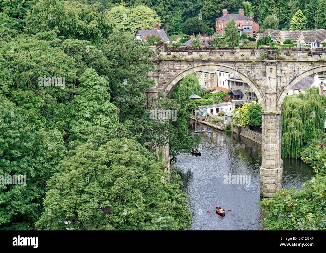 Knaresborough, North Yorkshire - View of the River Nidd and the iconic railway viaduct from the castle ramparts. Stock Photo